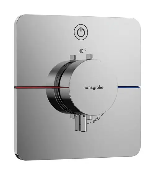 Thermostat für Dusche in Chromoptik mit Temperaturanzeige und Eco-Funktion. Oberseite mit Power-Knopf, abgerundeten Kanten und Hansgrohe-Logo. Einrichtung zur Wandmontage.